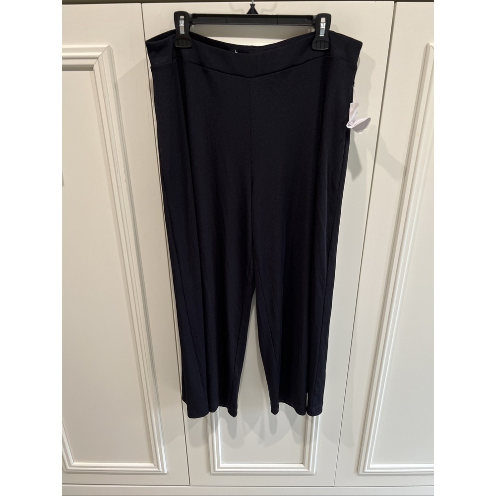 Kensie Black Ribbed Wide Leg Pull On Pants Size XL Comfy Capsule Stretch